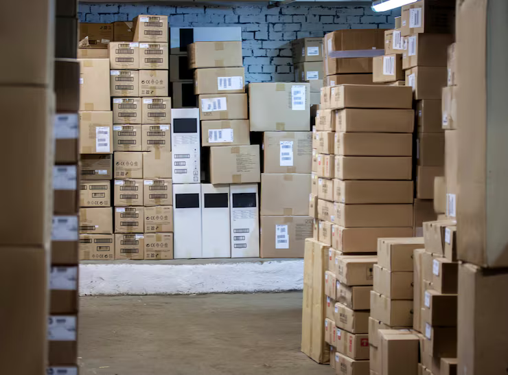 [Image: neatly stacked branded cardboard boxes in a modern warehouse]